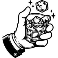 Bar visitor hand holds glass with alcoholic drink and ice cubes in monochrome. Simple minimalistic in black ink drawing on white background vector