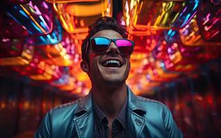 Handsome man in colorful sunglasses with smile attractive portrait in neon tunnel background scene photo