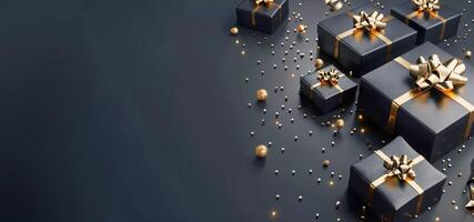 3d rendering of black and gold gift boxes with ribbon on dark background. Christmas tree, candy cane and pine cones decoration. New year concept banner design with copy space area for text photo