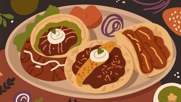 Fusion Tacos with Barbacoa, Curried Chicken, and Vegan Falafel Fillings vector