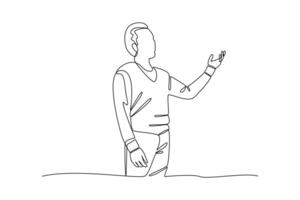 continuous line of presentation people raise hands explaining ideas. one line art illustration vector