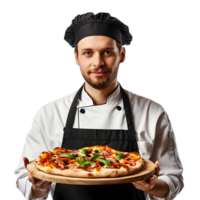 young Chef holds fresh pizza in his hands isolated on transparent background png
