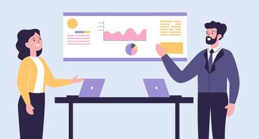 Flat Design Illustration of Teamwork Business Meeting at office with Graph Chart on Screen vector
