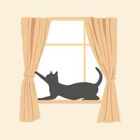 illustration of a cat stretching on a window sill with soft curtains against a solid beige background vector