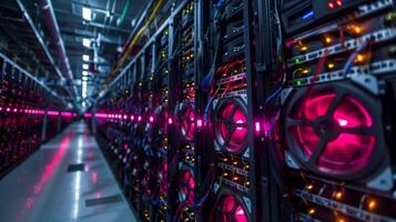 Rows of powerful servers are operating in a high performance computing facility, featuring illuminated cooling fans. The environment is busy with advanced technology supporting various tasks. photo
