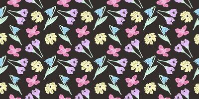 Hand drawn seamless pattern with spring flowers on dark background. vector