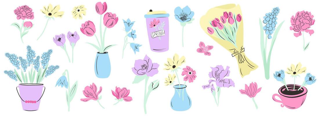 Colourful hand drawn set of spring flowers, coffee cups, vases with flowers