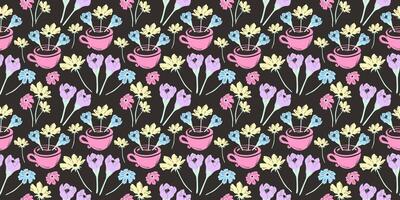 Colourful seamless pattern with spring flowers on dark background. vector