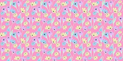 Colourful seamless pattern with handdrawn spring flowers on pink background. vector