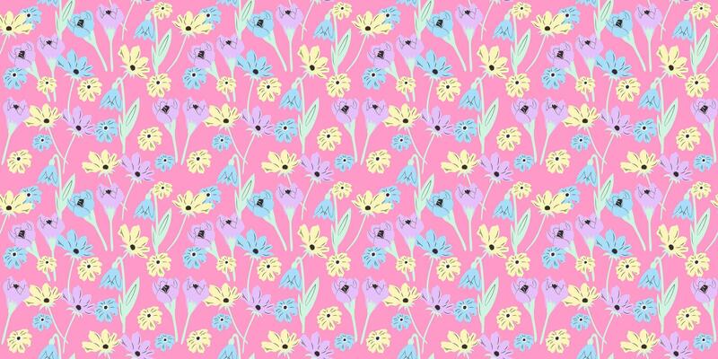 Colourful seamless pattern with handdrawn spring flowers on pink background.