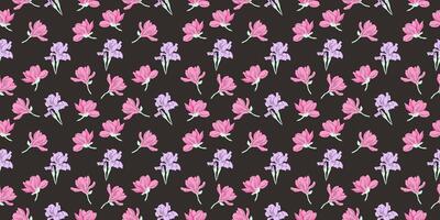 Delicate seamless pattern with hand drawn magnolia and iris flowers on dark background. vector