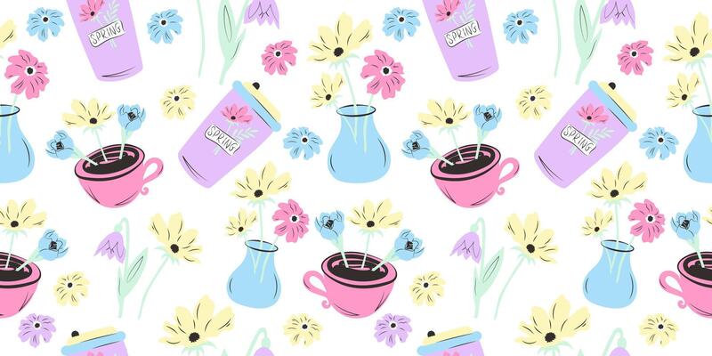Seamless pattern with spring flowers, vase, coffee cup. Hand drawn design in pastel colors.