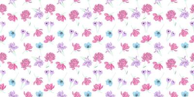 Delicate seamless pattern with handdrawn spring flowers on white background. vector
