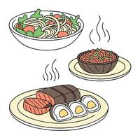 A set of three plates with food on them vector