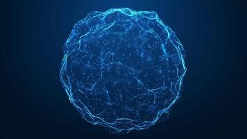 Abstract sphere on dark blue background. Looped sphere of alphabet particles. Abstract technology, artificial intelligence by enter command prompt for generates something. Seamless loop 4k video