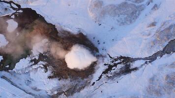 Aerial view of the snow covered Geysir scenery in Iceland video