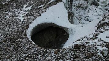 Aerial view of a cave in a glacier caused by melting video