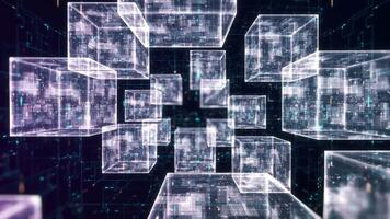 Block chain concept. Isometric digital blocks connection with each other and shapes crypto chain. Big data binary code futuristic information technology, Transferring of big data. 3D Rendering. video