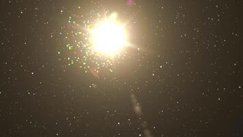 Perfectly seamless loop features glowing colorful particles sunlight that float across the screen on stars sky. Motion graphic magic points beautiful on background.Sunlight flare ray floating sky video