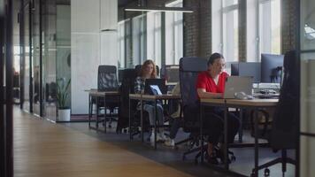 Two young business colleagues walking through a modern startup office and engaging in a dynamic discussion about various business challenges. video