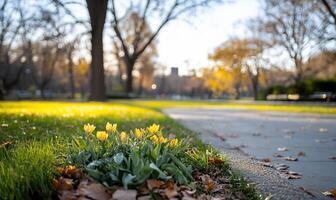 A serene park scene with blooming flowers and autumn leaves. photo