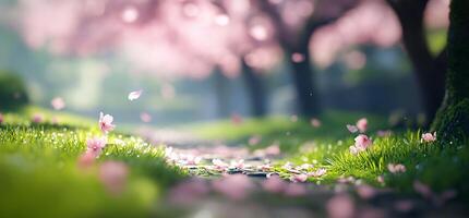 A serene path lined with cherry blossoms and vibrant greenery. photo