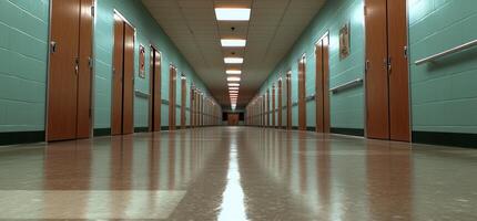 A long, empty corridor with doors on either side and polished floors. photo