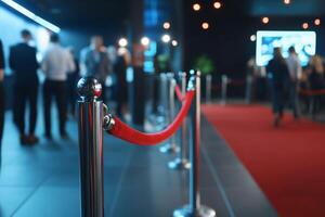 A red carpet event with stanchions and blurred guests in the background. photo