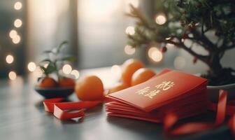 A festive display with red envelopes, oranges, and a small tree. photo
