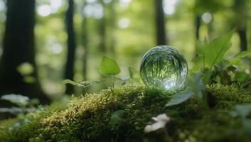 A glass orb resting on moss in a serene forest setting. photo