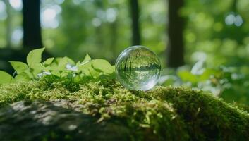 A crystal ball resting on moss in a lush, green forest setting. photo