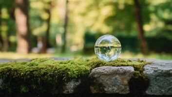 A crystal ball resting on mossy stone in a serene forest setting. photo