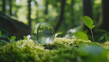 A glass orb rests on moss in a serene forest setting. photo
