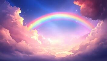 A vibrant rainbow arcs over soft, colorful clouds at sunset. photo