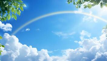A vibrant rainbow arches over a bright blue sky filled with fluffy clouds. photo