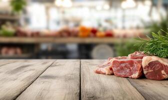 Fresh cuts of meat on a wooden table with a blurred market background. photo