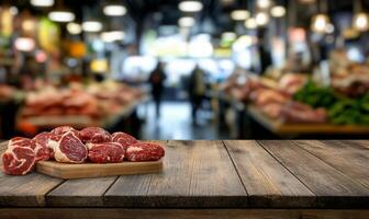 A display of fresh meat on a wooden table in a market setting. photo