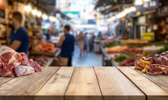 Fresh meat display in a bustling market setting. photo