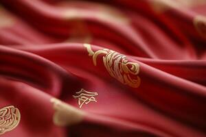 Close-up of red fabric adorned with gold patterns and symbols. photo
