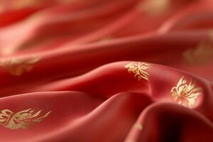 A close-up of luxurious red fabric with golden patterns. photo