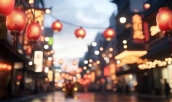 A vibrant street scene adorned with red lanterns and soft evening lights. photo