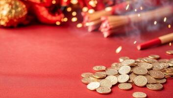A festive display featuring gold coins and firecrackers on a red background. photo