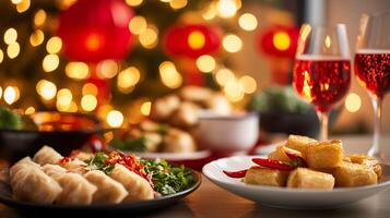 Festive table setting with various dishes and drinks for celebration. photo