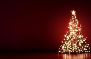 A beautifully lit Christmas tree against a dark red background. photo