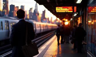 A businessman waits on a platform as the sun sets over the city. photo