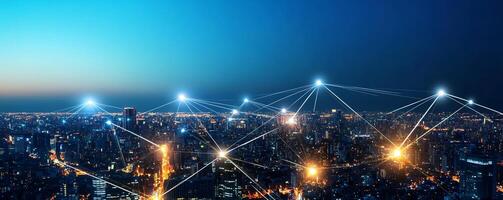 A city skyline connected by digital network lines and glowing nodes. photo