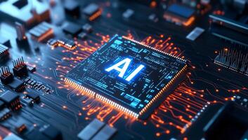 A close-up of a circuit board featuring an AI chip with glowing elements. photo