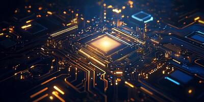 A close-up of a futuristic microchip with glowing circuitry. photo