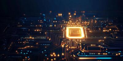 A close-up of a glowing microchip on a circuit board. photo