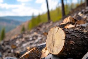 A close-up of a cut tree log on a forested hillside. photo